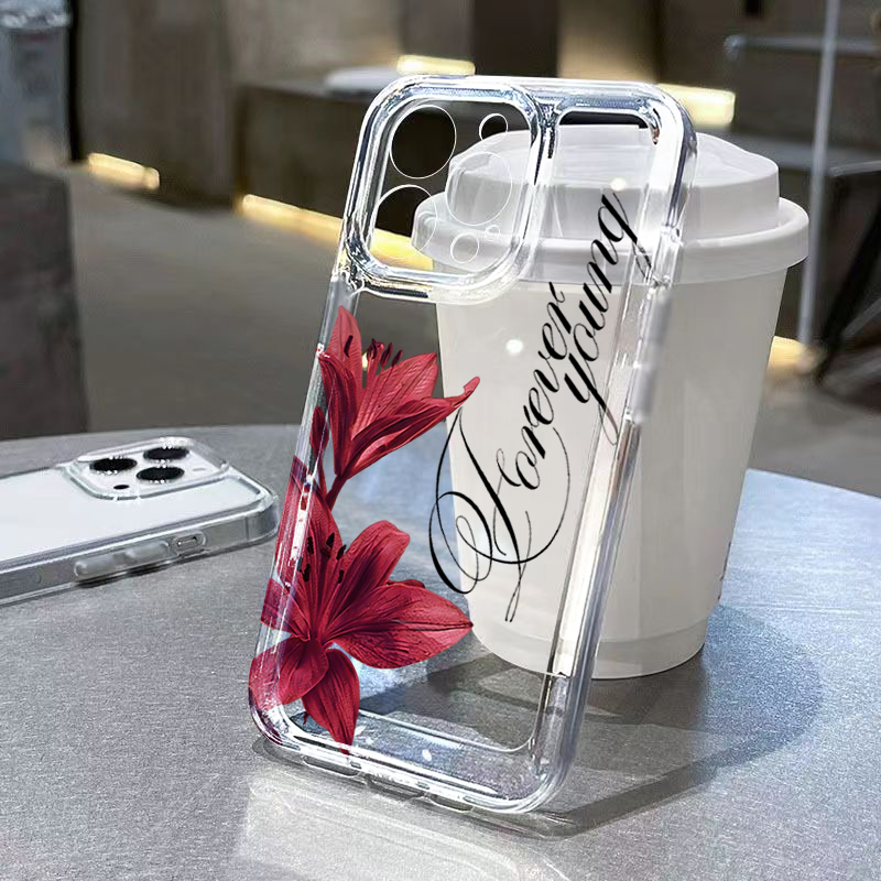 Phone Cases Xr Iphone - バーガンディカラーのユリ柄と英字デザインのiPhone用ケース。対応機種：iPhone 18、17、16、15、14、13、12、11 Pro Max、XS、X、XR、7、8 Plus、17E、Air Cover。