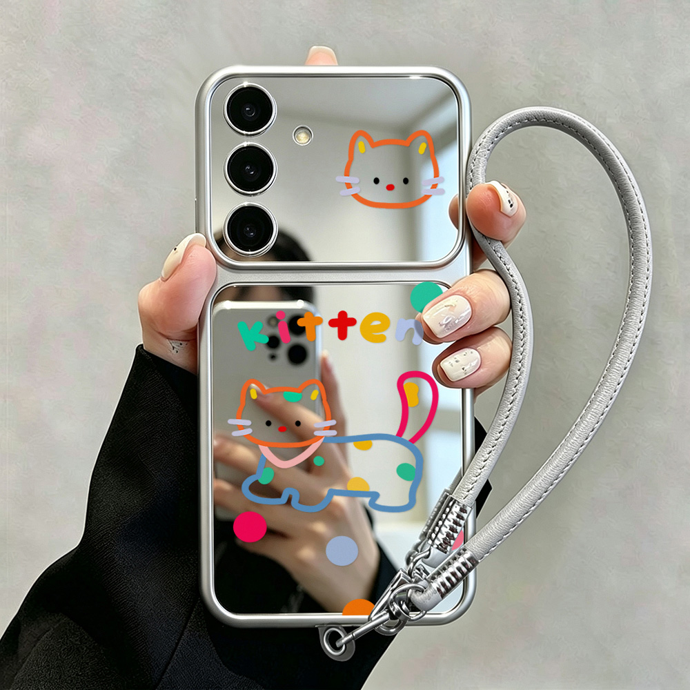 Phone Cases Galaxy A16 5G - かわいい猫のデザインのスマートフォン用ミラーケース。Samsung A55 5G、A56、A57、A37、A36、A35、A26、A17、A16、A07、A06、A53、S26 Ultra、S25、S24、S23 FEに対応。ストラップ付き。