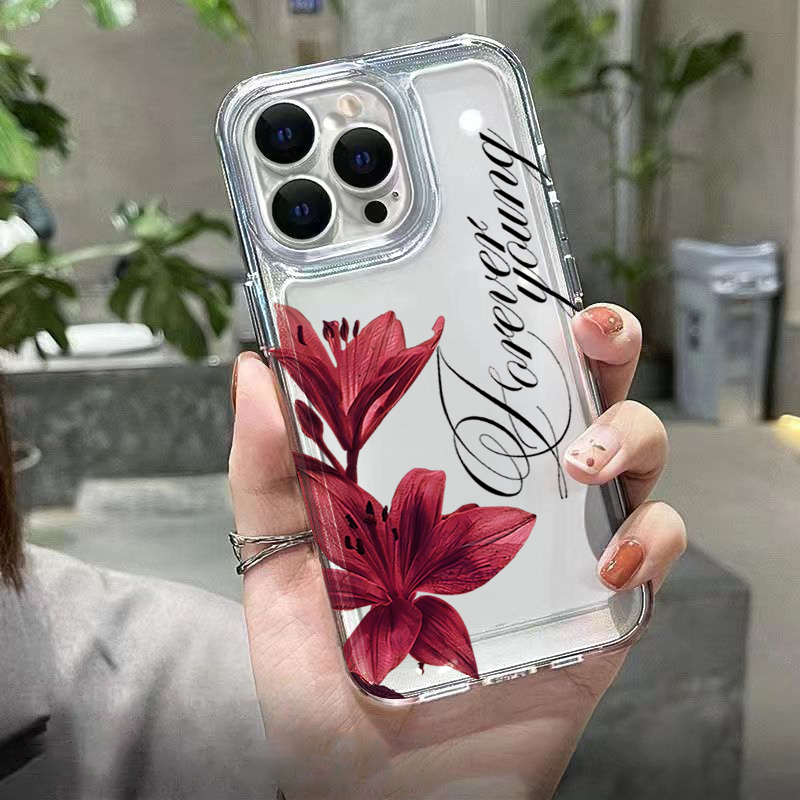 バーガンディカラーのユリ柄と英字デザインのiPhone用ケー - Phone Cases Xr Iphone のレビューと価格