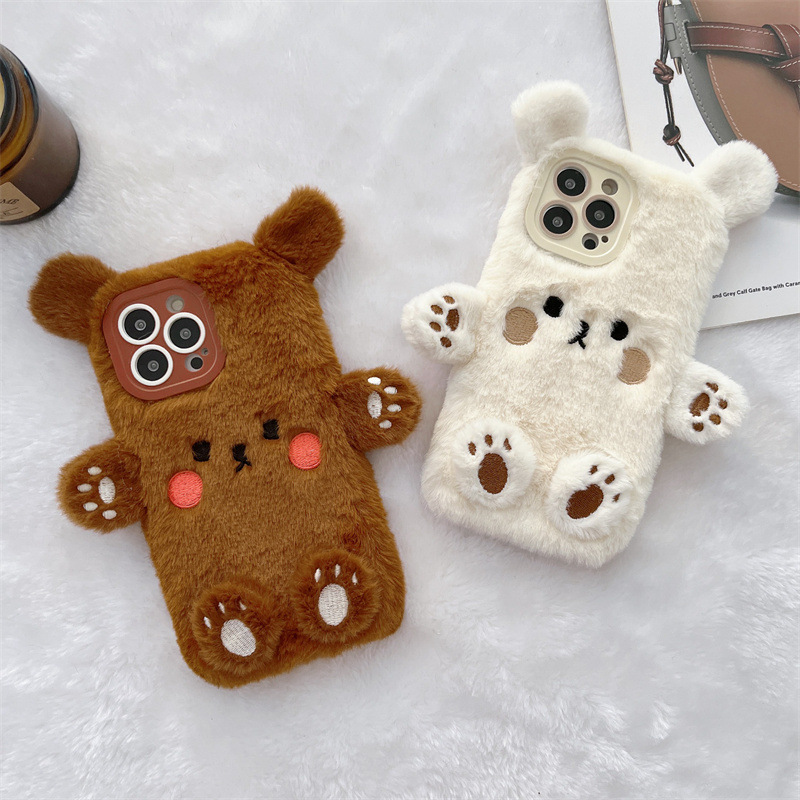 韓国の3D漫画風クマのふわふわぬいぐるみカップル携帯ケース  - Phone Cases For Iphone 16 のレビューと価格